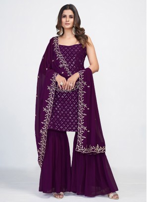 Dark Purple Georgette Gharara Suit With Dupatta