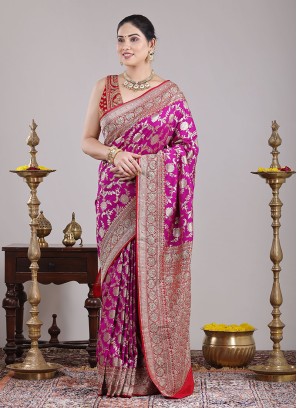 Buy the elegant Black Pink Heavy Embroidery Banarasi Saree - Karagiri