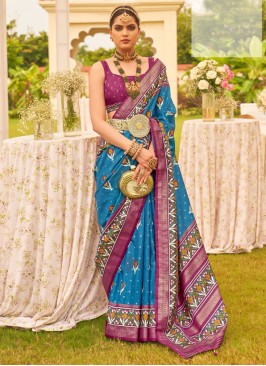 Exquisite Sky Blue & Purple Patola Printed Silk Saree
