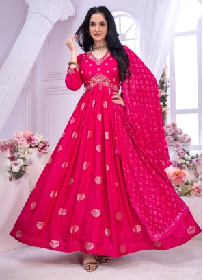 Hot Pink Anarkali In Banarasi With Sequins Embroidery