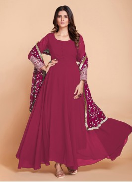 Rani Color Anarkali Dress With Zari Embroidered Dupatta