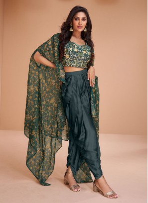 Black Faux Georgette Crop-Top Palazzo Suit with Rayon Digital Paisley  Pattern Print Long Shrug