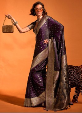 Dark Purple Weaving Contemporary Satin Silk Saree