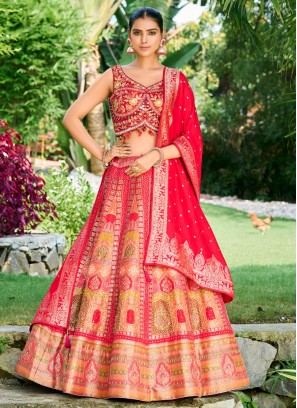 Red Embroidered Silk Lehenga Choli