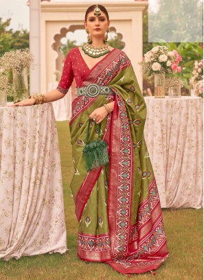 Mehndi Green & Maroon Patola Printed Silk Saree