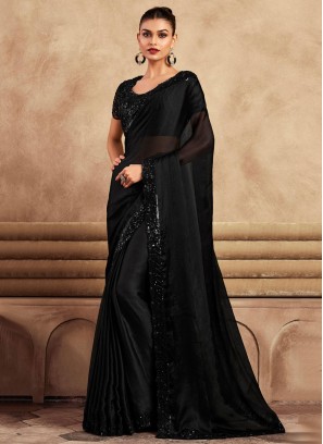 Black Chiffon Saree With Embroidered Border