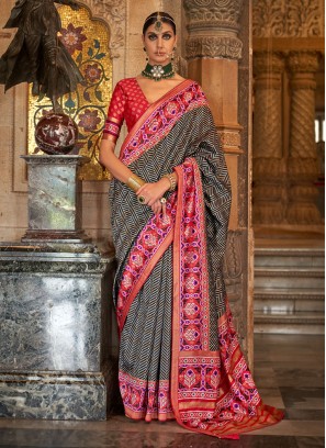 Incredible Grey And Red Banarasi Silk Classic Saree