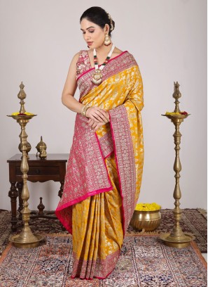 Indian Mustard Yellow Pure Banarasi Silk Saree