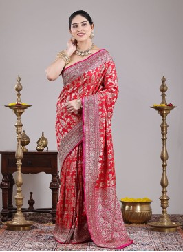 Indian Red And Rani Pure Banarasi Silk Saree