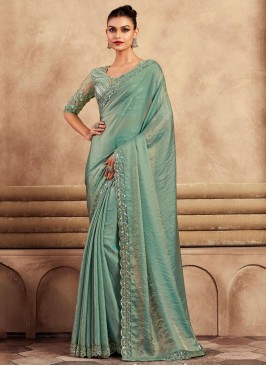 Sea Green Embroidered Border Work Silk Saree