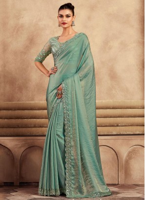 Sea Green Embroidered Border Work Silk Saree