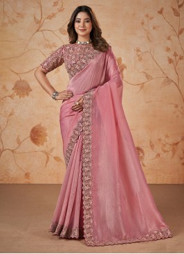 Lovely Pink Color Embroidered Festive Wear Saree