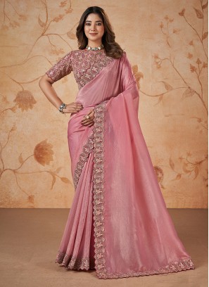 Lovely Pink Color Embroidered Festive Wear Saree