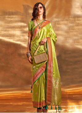 Exquisite Light Green Satin Silk Trendy Saree