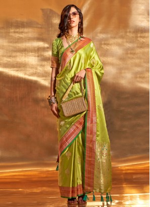 Exquisite Light Green Satin Silk Trendy Saree