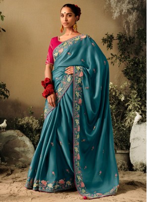 Embroidered Steel Blue Art Silk Wedding Saree