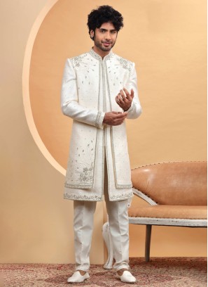 Jacket Style Cream Sherwani For Groom