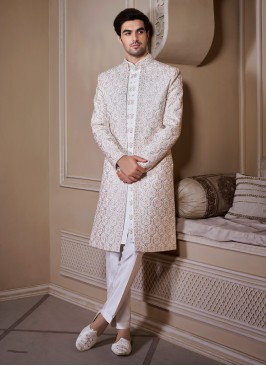 Jacket Style Off White Sherwani For Groom