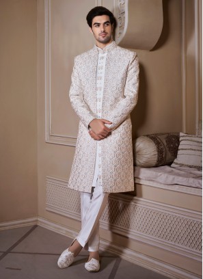 Jacket Style Off White Sherwani For Groom