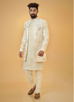 Jacket Style Off White Sherwani For Groom