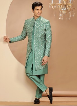 Jacket Style Sea Green Color Embroidered Indowestern Set