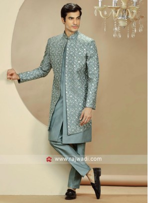 Jacket Style Sea Green Color Embroidered Indowestern Set