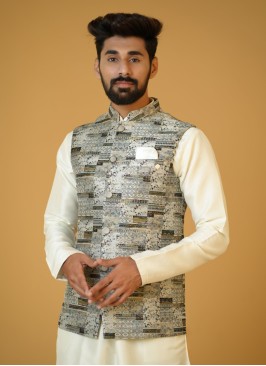 Jacquard Grey Mens Wear Nehru Jacket