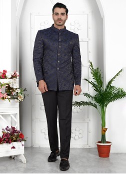 Jacquard Silk Blue Designer Jodhpuri Suit