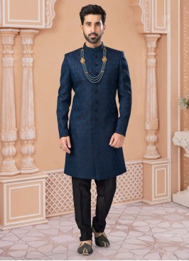 Jacquard Silk Dark Blue Embroidered Indowestern Set