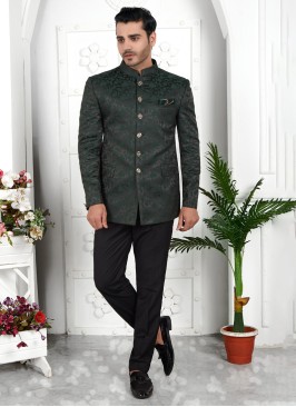 Jacquard Silk Dark Green Jodhpuri Suit