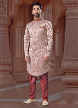 Jacquard Silk Indowestern In Baby Pink