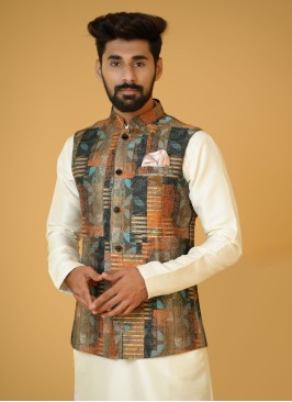 Multicolored Jacquard Silk Nehru Jacket