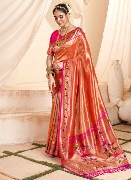 Exquisite Peach Weaving Embroidered Paithani Silk 