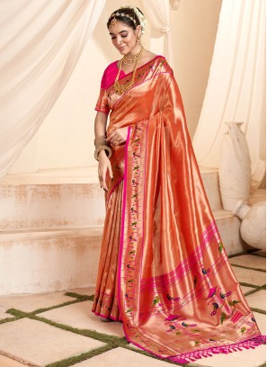 Exquisite Peach Weaving Embroidered Paithani Silk Saree