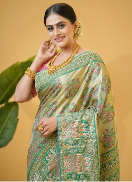 Kanjivaram Silk Golden And Rama Green Wedding Saree