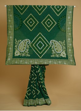 Green Khadi Silk Saree With Bandhani Work