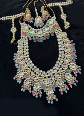 Kundan Bridal Wear Necklace Set With Pearl Drops