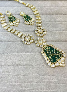 Kundan Studded Gold Finish Green Necklace Set