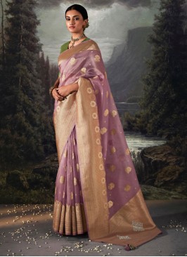 Lavender Festive Wear Saree In Organza Fabric