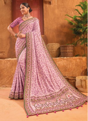 Lovely Pastel Pink Kachhi Embroidered Silk Saree