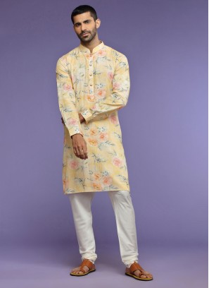 Lemon Yellow Floral Printed Readymade Kurta Pajama