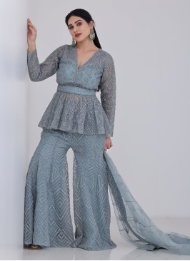 Light Aqua Blue Embroidered Gharara Set In Net