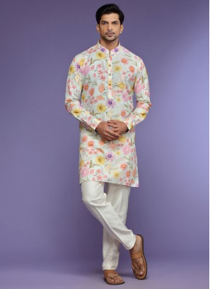 Light Aqua Blue Floral Printed Kurta Pajama Set