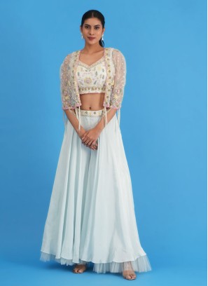 Light Aqua Blue Indowestern Palazzo Set With Embroidered Shrug