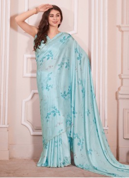 Light Blue Satin Party Wear Saree For Women