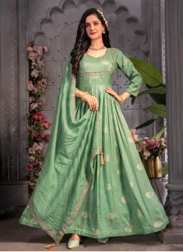 Light Green  Anarkali Suit In Banarasi Silk Fabric With Dupatta