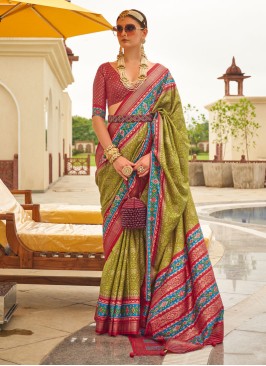 Light Green And Maroon Patola Printed Silk Saree