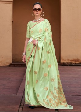 Light Green Festive Wear Saree In Satin Fabric
