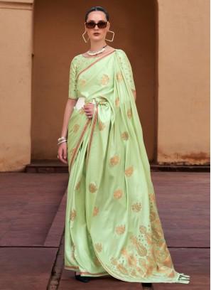 Light Green Festive Wear Saree In Satin Fabric