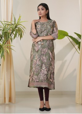 Light Green Floral Printed Gajji Silk Kurti